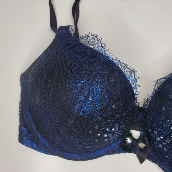 Victoria's Secret 32C Bombshell Bra Blue Metallic Foil Crystal Swarovski Crystal - Picture 7 of 10